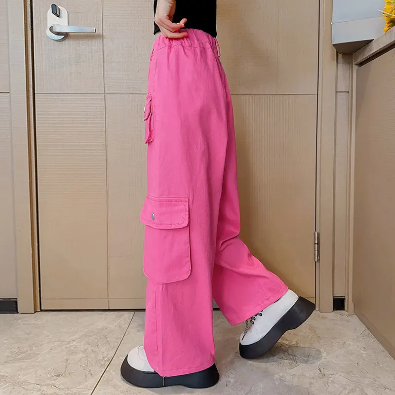 Teenage Girls Fashion Straight Cargo Pants with Four Pockets Summer Hot  Deals Kids Clothes High Waist Long Trousers 5-14 Years