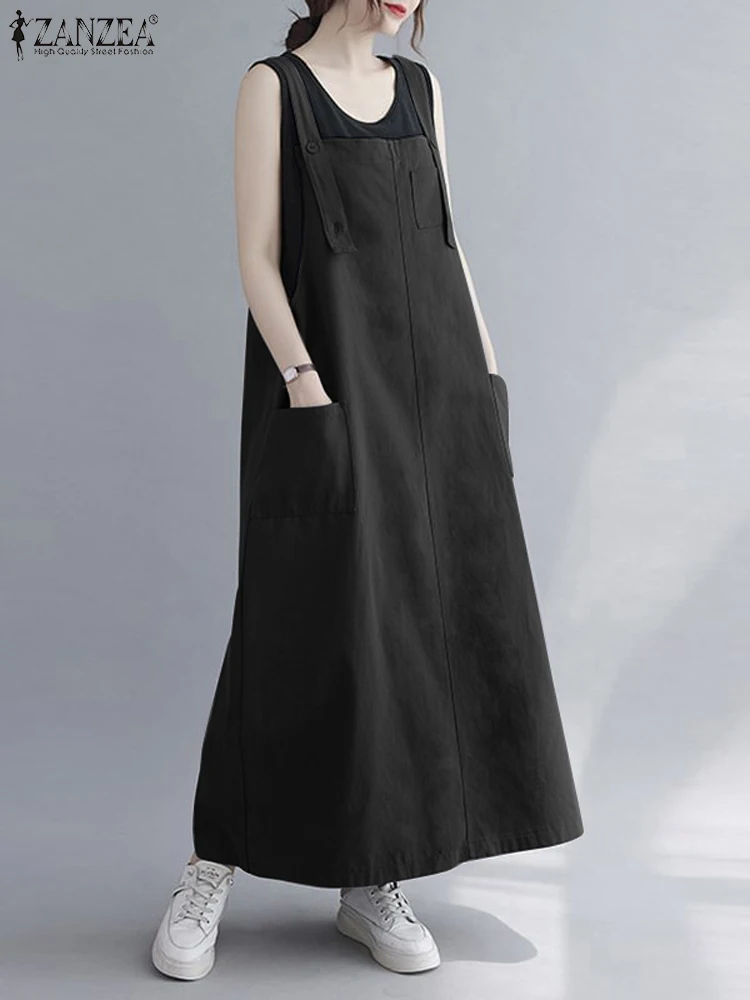 ZANZEA 여성 민소매 맥시 드레스 패션 작업복 포켓 Vestidos 2023 여름 조절 가능한 어깨 스트랩 드레스 streetwear