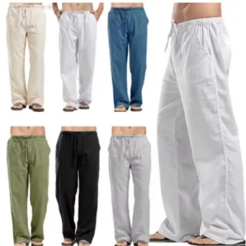 2024 New Men's Cotton Linen Pants Summer Solid Color Breathable Linen Trousers Male Casual Elastic Waist Fitness Pants 1