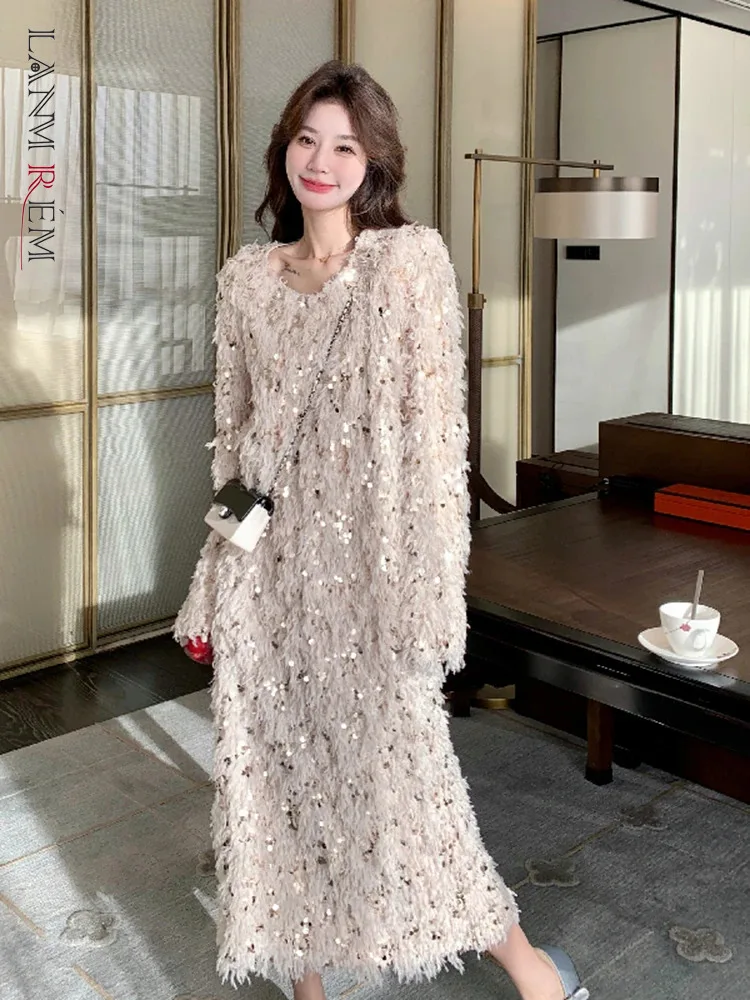 

LANMREM Sequin Feather Long Dress For Women Round Neck Long Sleeves Loose Casual Dresses Female Clothing 2024 Spring 2DA4234