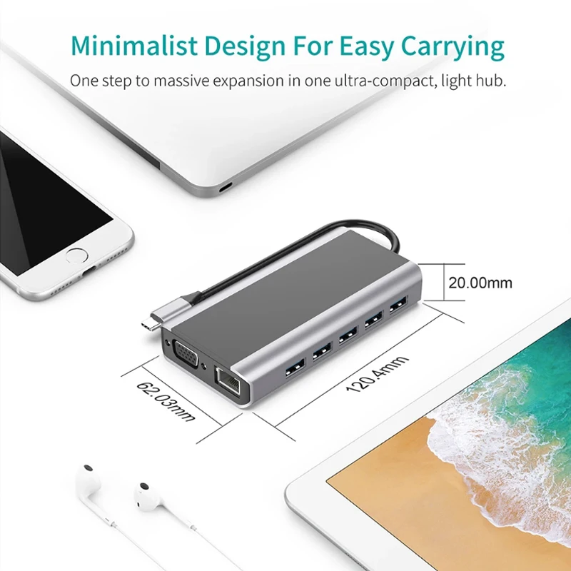 USB C Hub 4K HD Wireless Charger Multiport Adapter PD Type-C Docking Station VGA RJ45 TF SD Card Reader for Macbook 14 in1