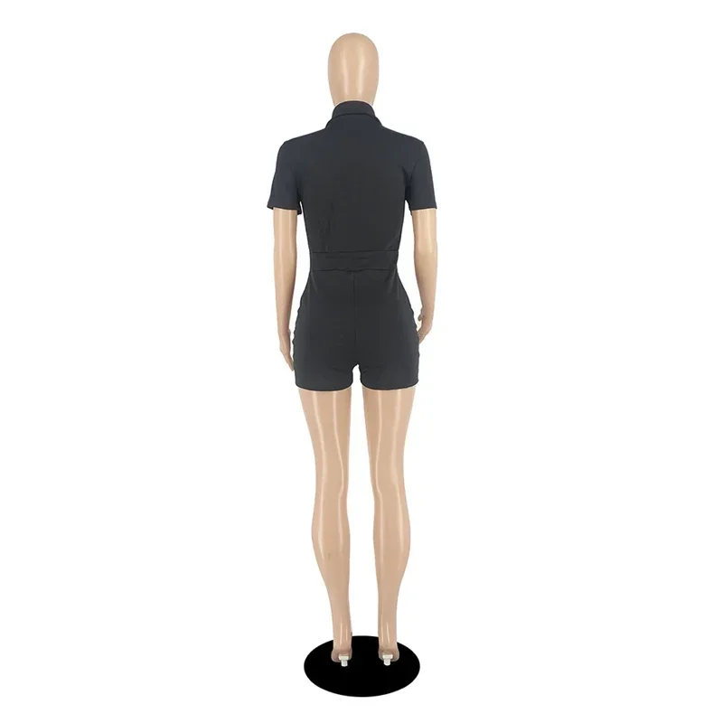 Women Solid Cargo Playsuits 2023 Summer Turn Down Collar Short Sleeve Zip Up Multi Pockets Shorts Jumpsuit Fashion Casual Romper