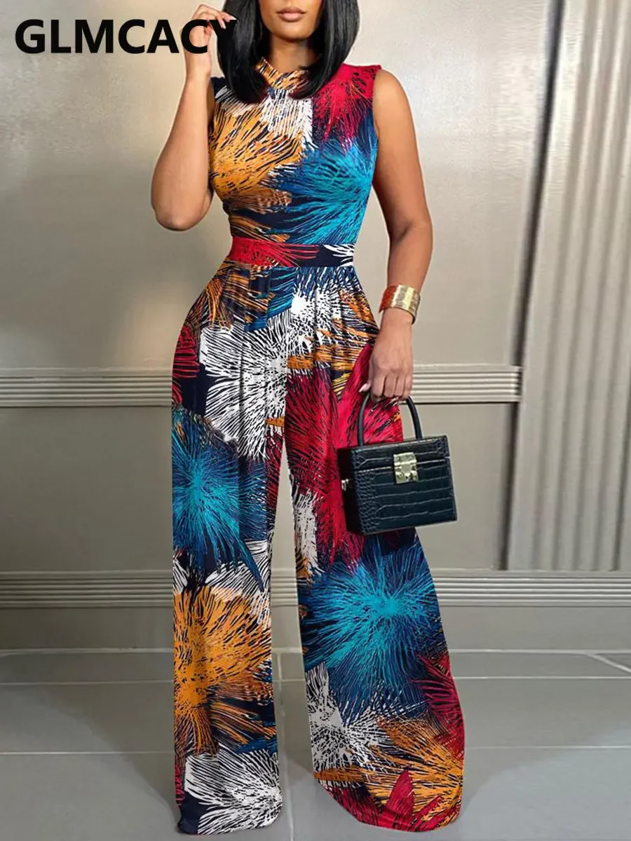 

Women Tropical Printed Sleeveless Wide Leg Jumpsuit Casual Summer Overalls