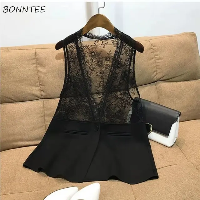 Slim Vests Women Sleeveless V-neck Lace Design Elegant Office Lady Sexy Mature Summer Chic Patchwork Temperament Fashion Outwear