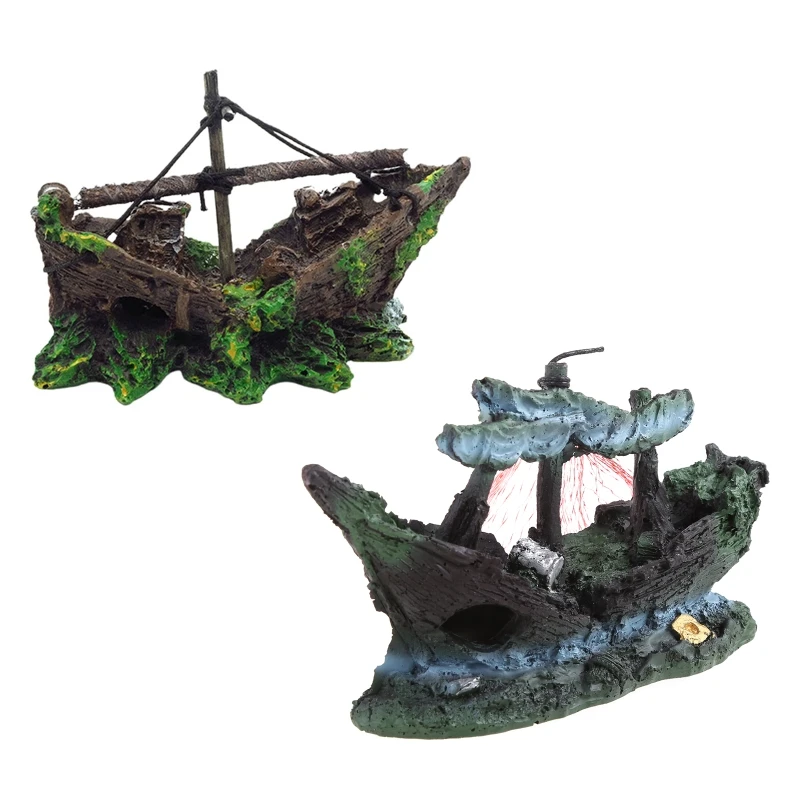 Decorazione Acquario Affondato Nave Pirata Fishtank Shelter Cave Per Betta Shrimp
