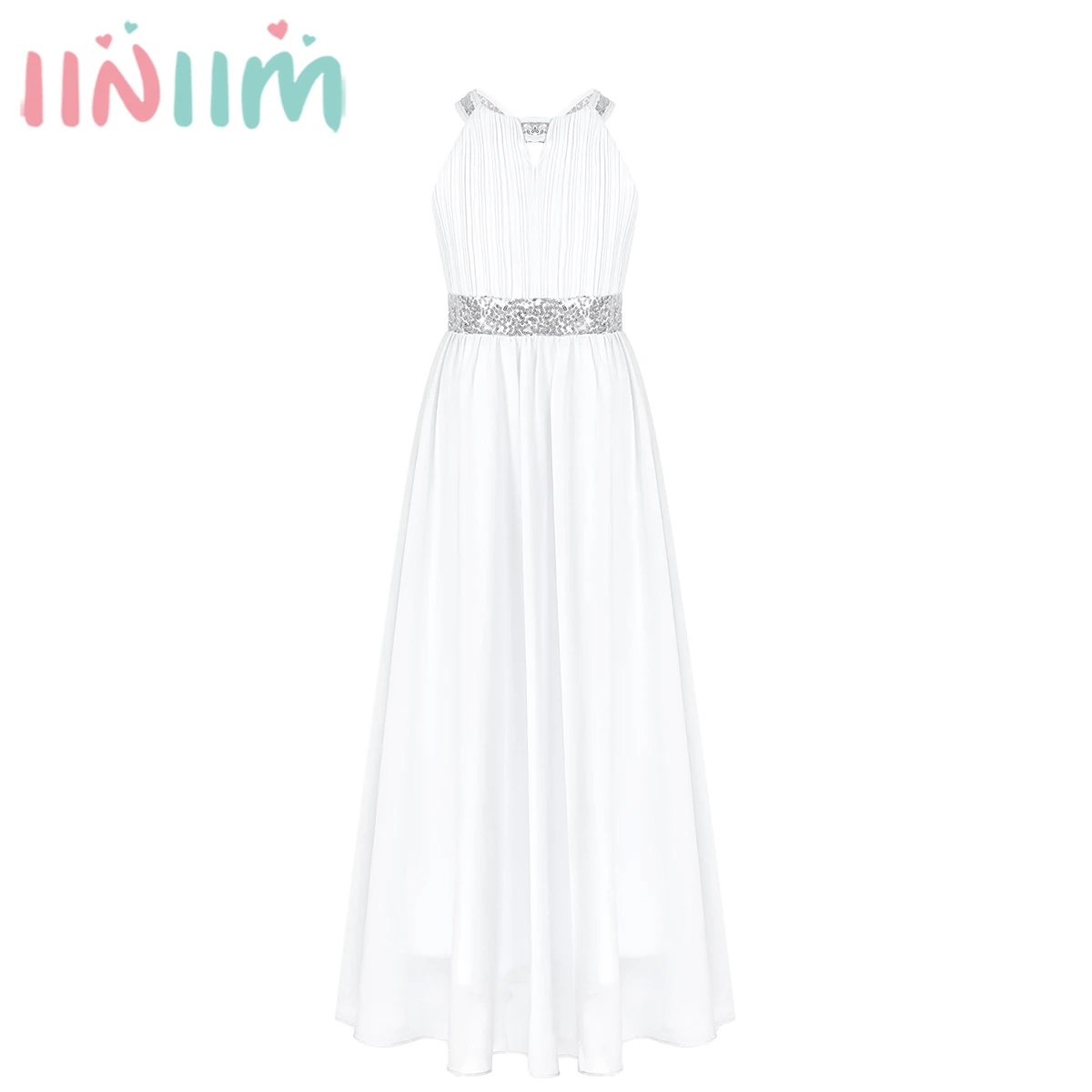 

Girls Elegant Chiffon Party Dress Sleeveless Cut-out Shiny Sequin Floor Length Bodice Maxi Dress for Evening Wedding Bridesmaid