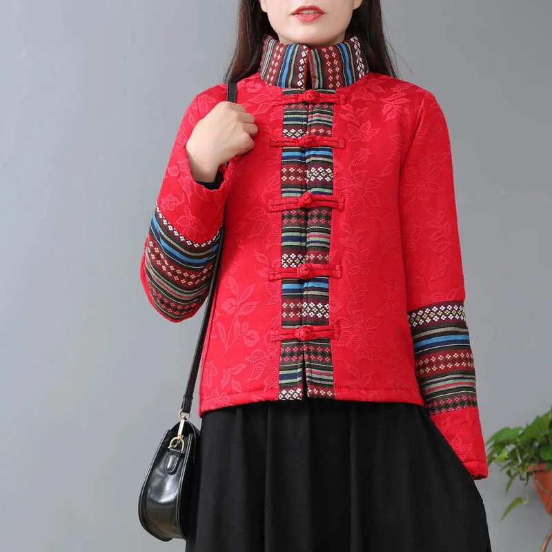 Traditional Tang Suit Stand Collar Autumn Winter Ethnic Style Women's Cotton Linen Coat Clothes Long Sleeve Padded Jacket Female