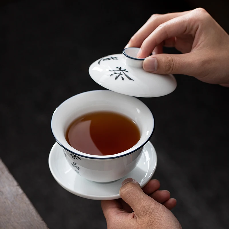 Jingdezhen-Hand Drawn Tea Bowl Cover Ceramic Tea Set Large White Porcelain Covered Bowl San Cai Gaiwan