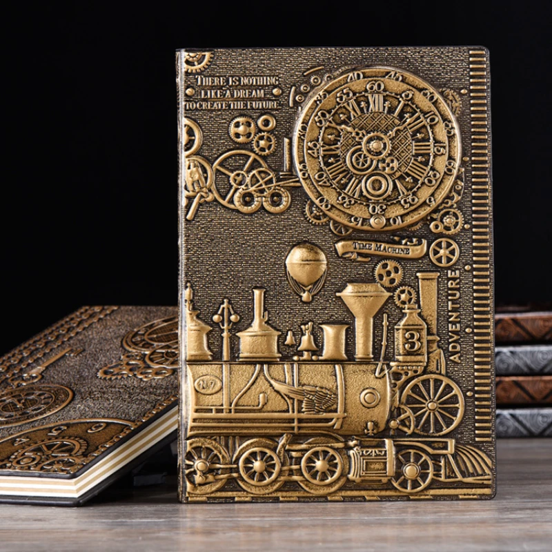 

European Retro Thick Leather Engraving Embossed Notebook Handmade Hardcover PU Notepad A5 Bronze Silver Diary 21.5x14.5cm