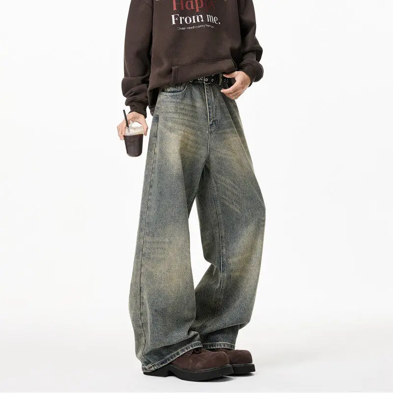 Men Jeans Mens Jeans Jeans Trousers Denim Trousers Mens Loose Straight Wide Leg Jeans Distressed Washed Vintage Oversized Floor Length Denim Pants Casual Streetwear Trendy