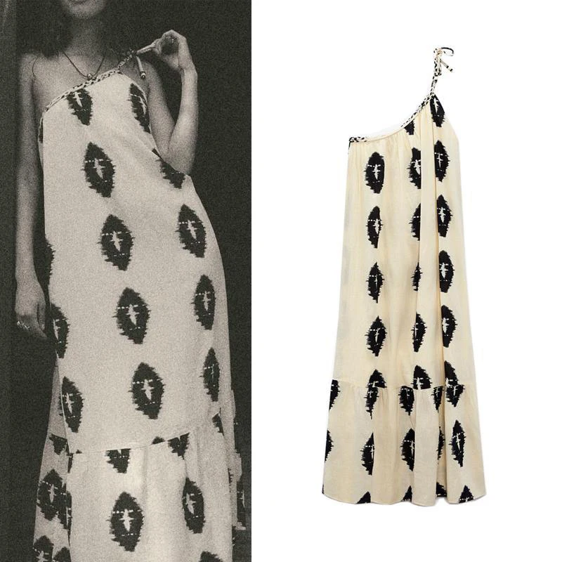 

Women One-Shoulder Long Dress Ins Fashion Loose Sleeveless Vacation Casual Printed Dress Female Summer Beach Patchwork Robe