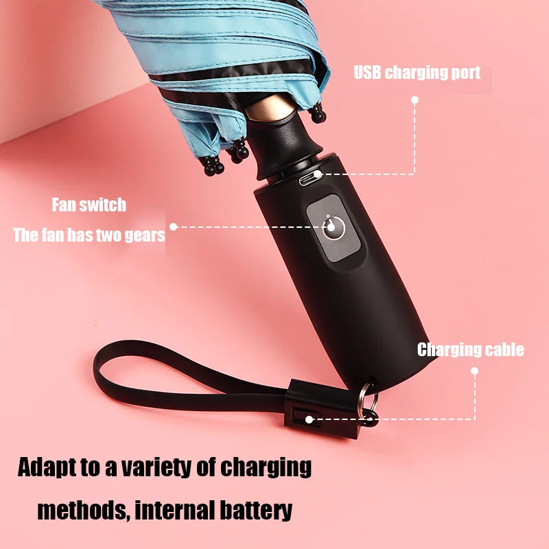 Outdoor USB Chargeable Foldable Umbrella with Fan Beach Parasol Creative Portable UV Umbrella Folding Beach folding umbrella
