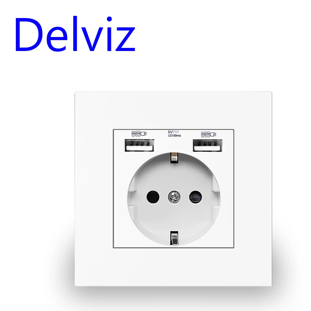 Delviz EU ซ็อกเก็ต USB มาตรฐาน, AC 110 V-250 V, ไม่มีโลโก้, 16A เต้ารับฝังผนัง, รูชาร์จ USB 5V, พร้อมปลั๊กผนังพอร์ต USB 2A 1