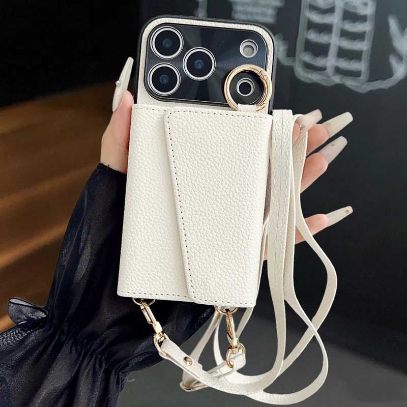 Crossbody-Geldbörsen-Handyhülle mit Make-up-Spiegel für iPhone 17 18 Pro Max 16 Pro 15 14 13 12, trendige Lederhülle mit Kartenfach und Lanyard