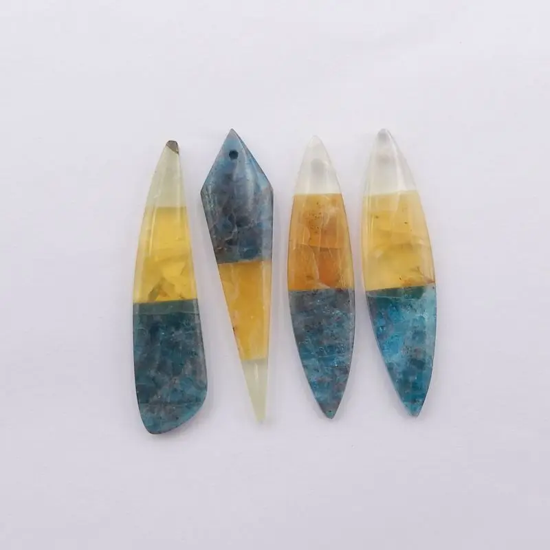 4Pcs Natural Stone Yellow Opal,Blue Apatite Crystal,Nephrite Jade Intarsia Necklace Accessories Pendant Beads 45x11x4mm 13g