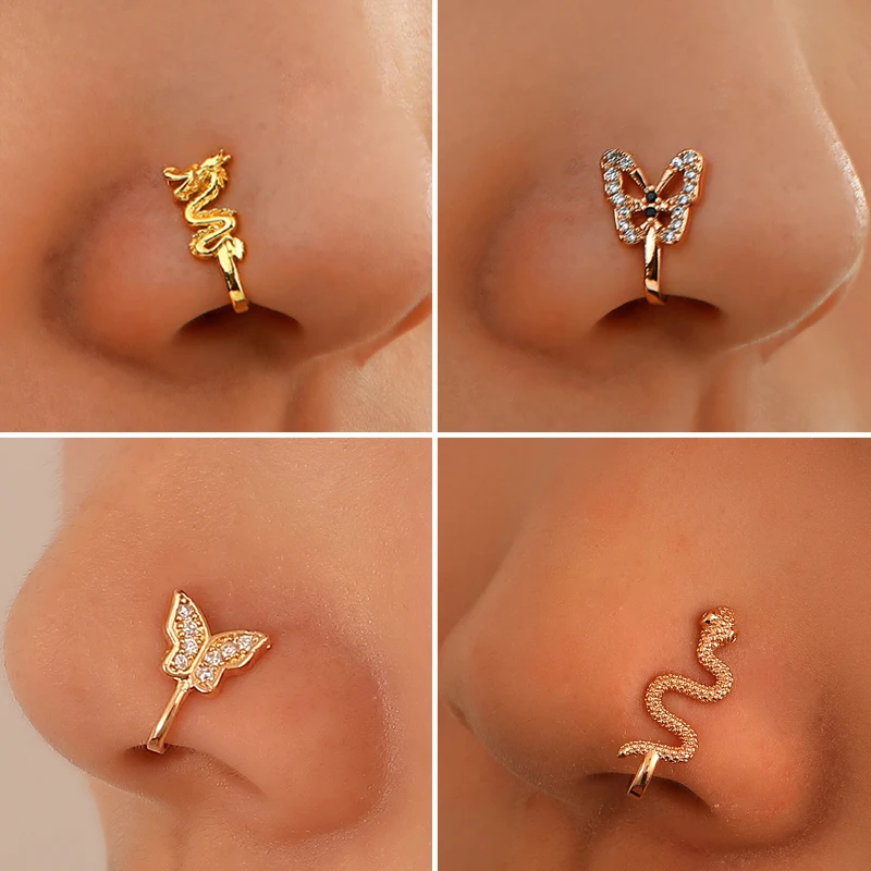 Faux Piercing Dragon et Papillon en Or pour Femme, Bijoux de Corps en Forme de U, Helix en Cuivre d'Afrique