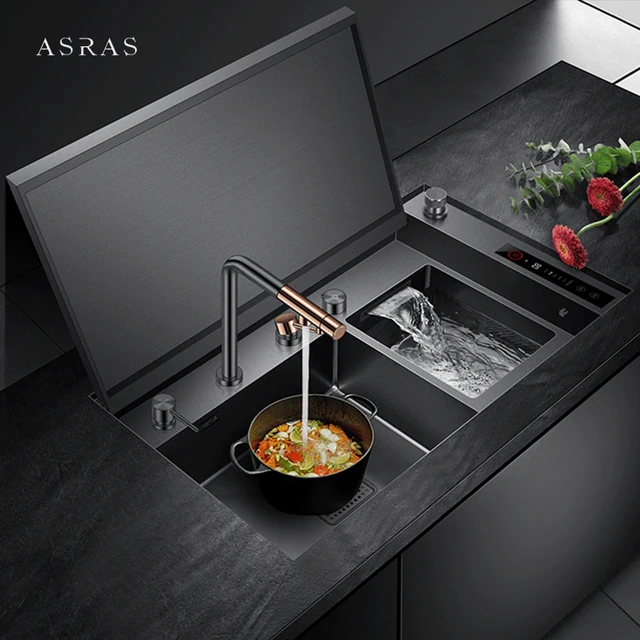 ASRAS ซ่อนอ่างล้างจานคู่สมาร์ท Purifying KITCHEN Island Sink ฝาครอบซ่อนความหนา 4 มม.Handmade อ่างล้างจาน 1