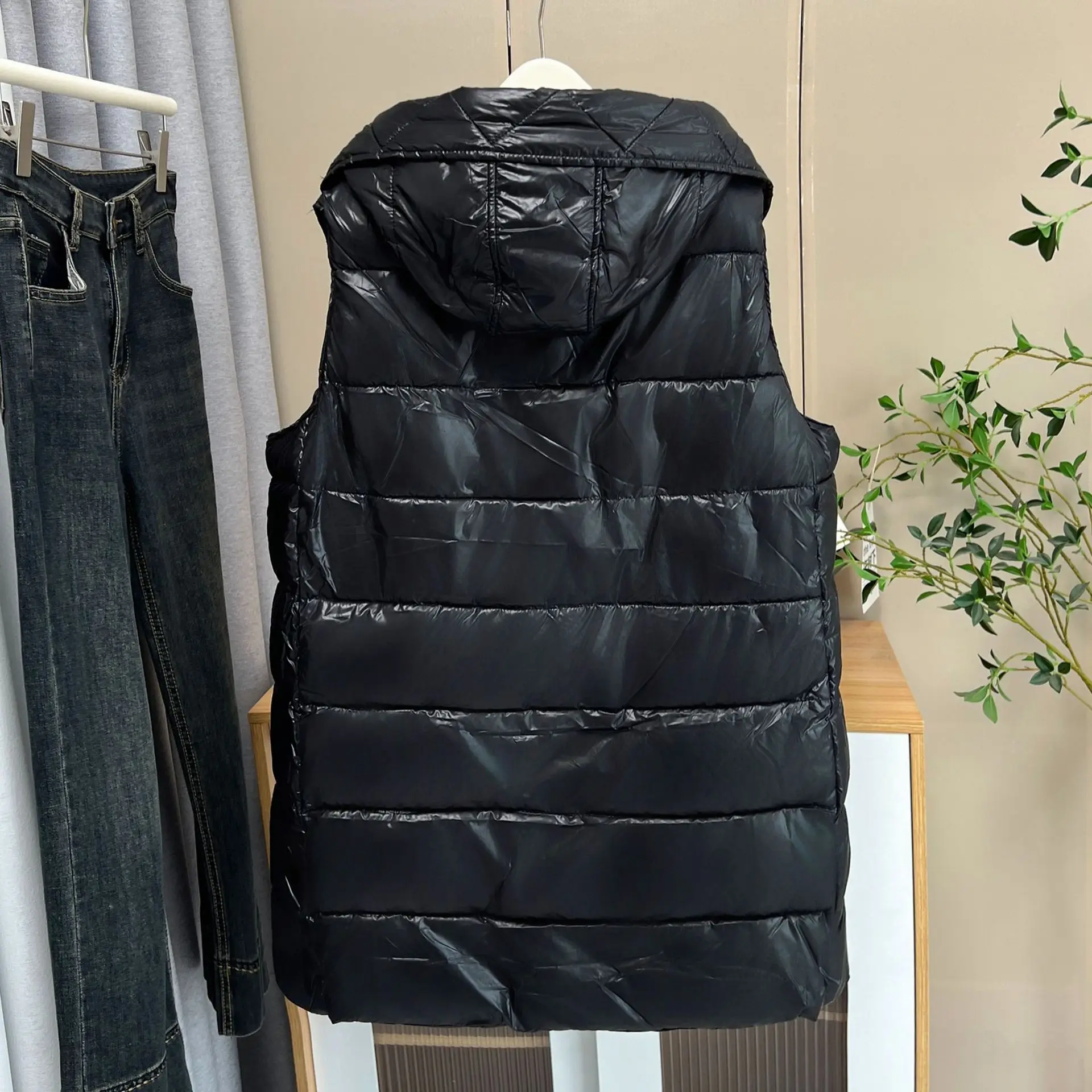 XXXXXL Fashion Plus Size Women's Parka Winter New Simple Mid Length Hooded Thermal Padded Sleeveless Zipper Vest 6877