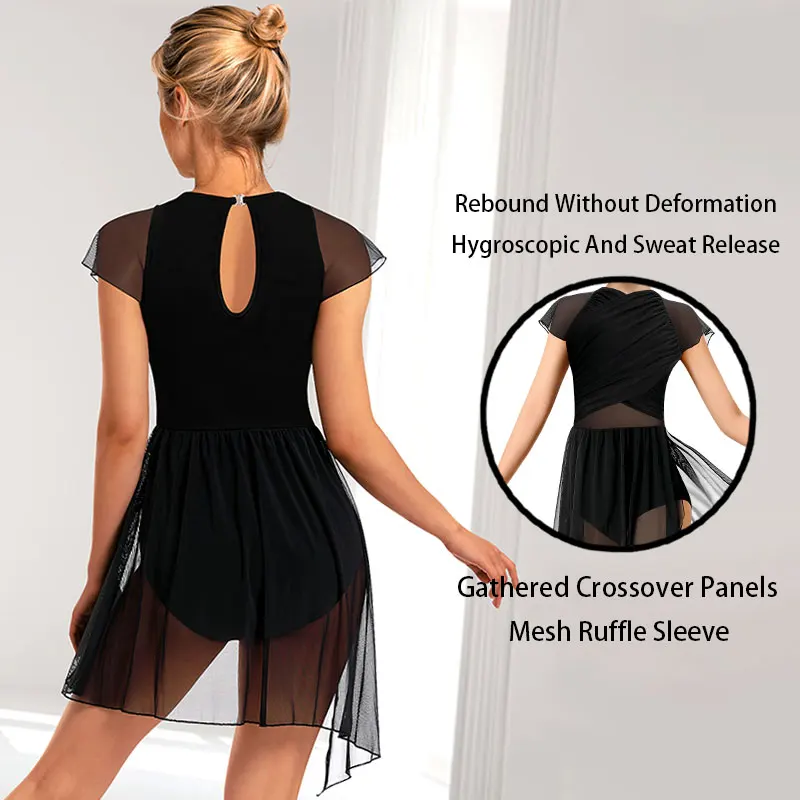 Women's Lyrical Dance Dress – Cap Sleeve, Crew Neck, Hollow Back Mesh, Removable Padding