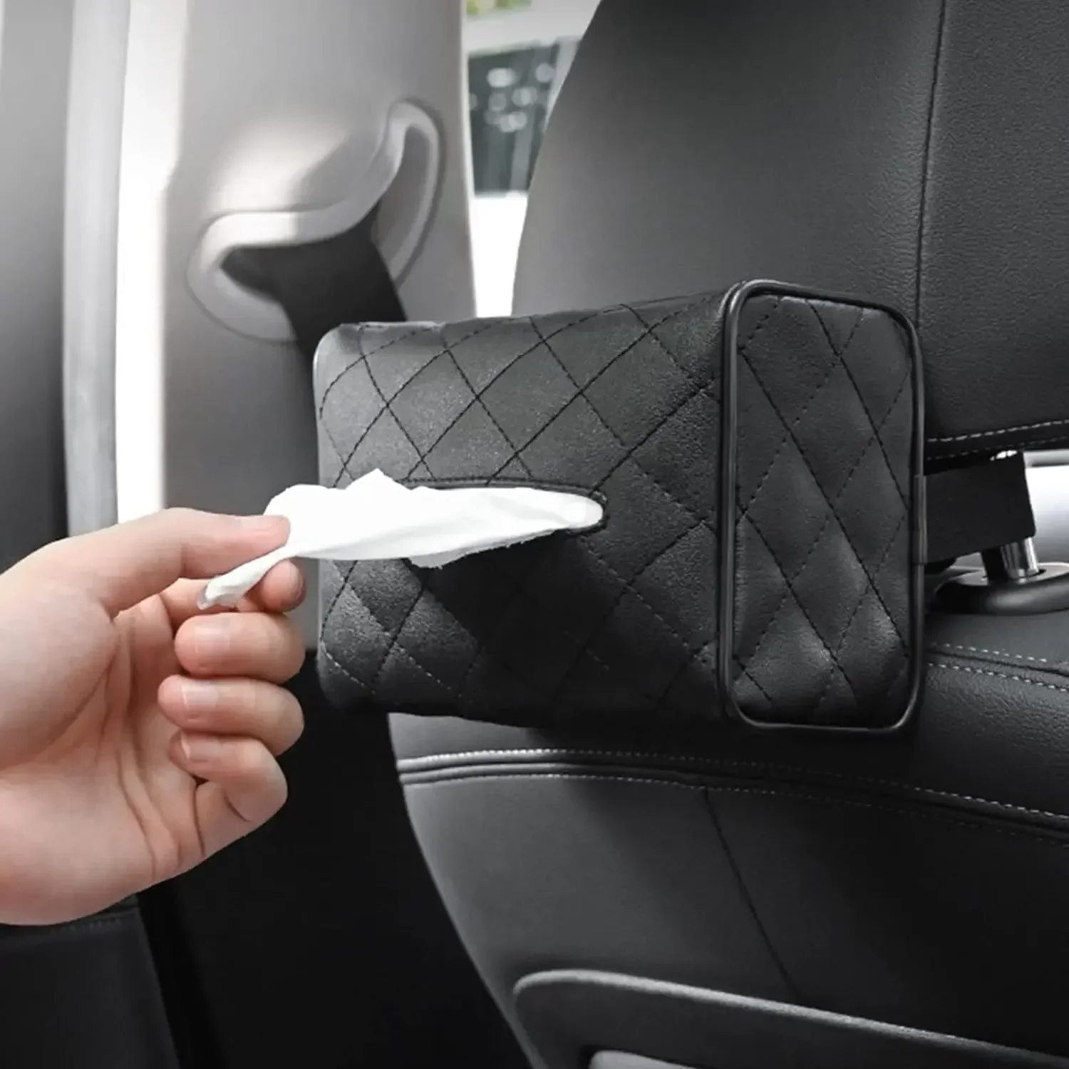 Tissue Box Solid Color Checkered Leather Wear-Resistant Car Seat Back Hanging Tissue-Bag