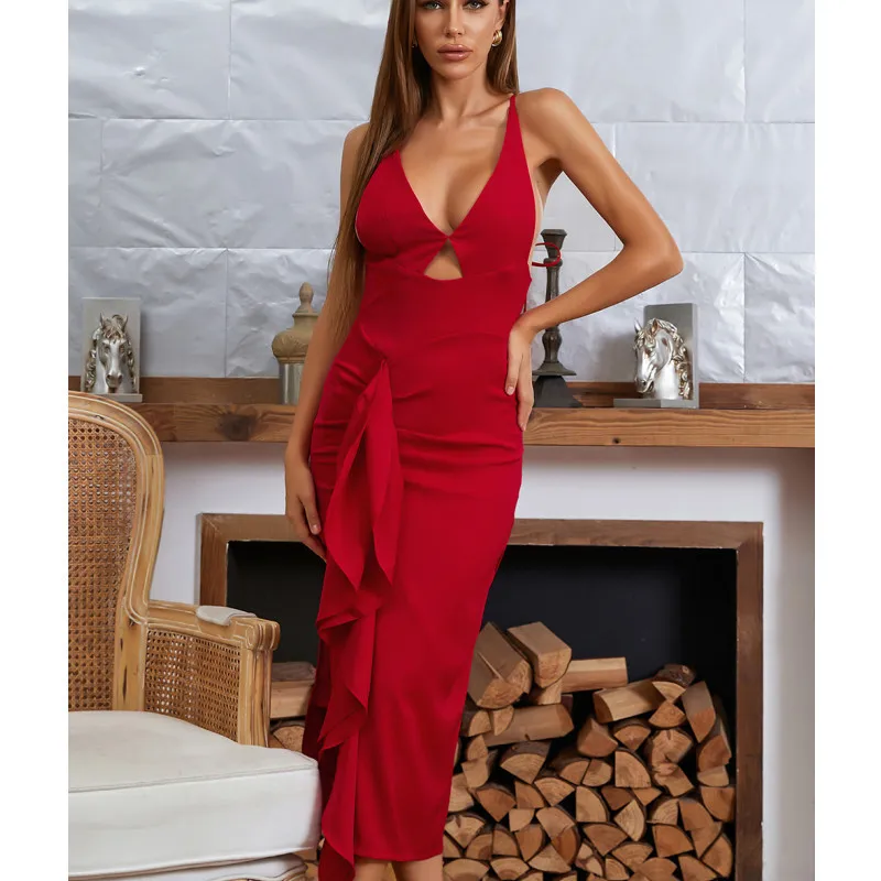 

Superior Quality Sexy Long Style Slim Fold Edge Bodycon Bandage Dress Elegant V Camisole Rayon Club Celebrity Party Dress