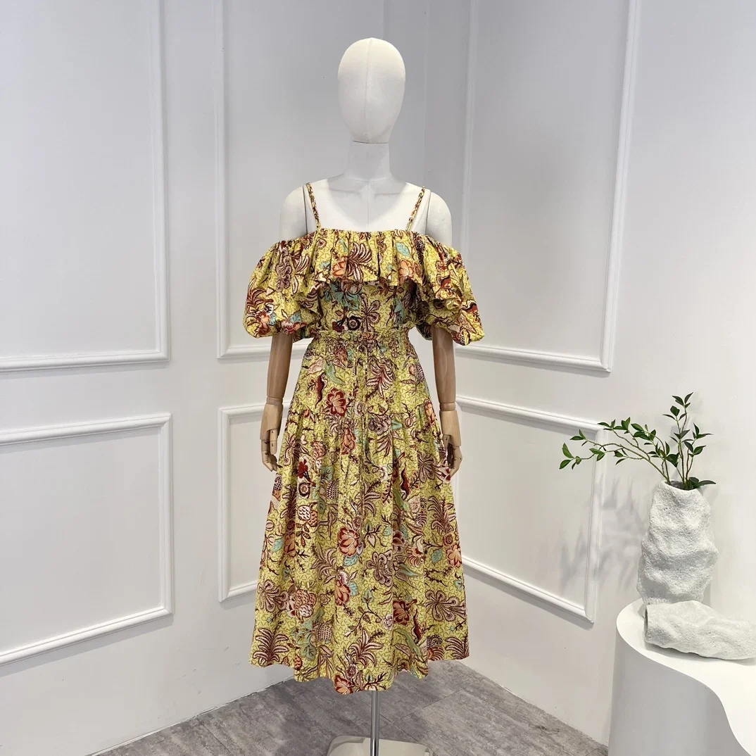 Cotton 2023 New Collection Hihg Quality Floral Print Off The Shoulder Top and Drawstring High Waist Midi Skirt Woman Vintage Set