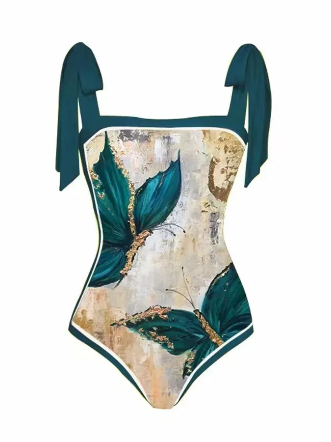 New French Retro Print One-piece Swimwear Female Hot Spring Vacation Beach Skirt Two-piece Swimsuit Bikinis Beachwear Cover Up