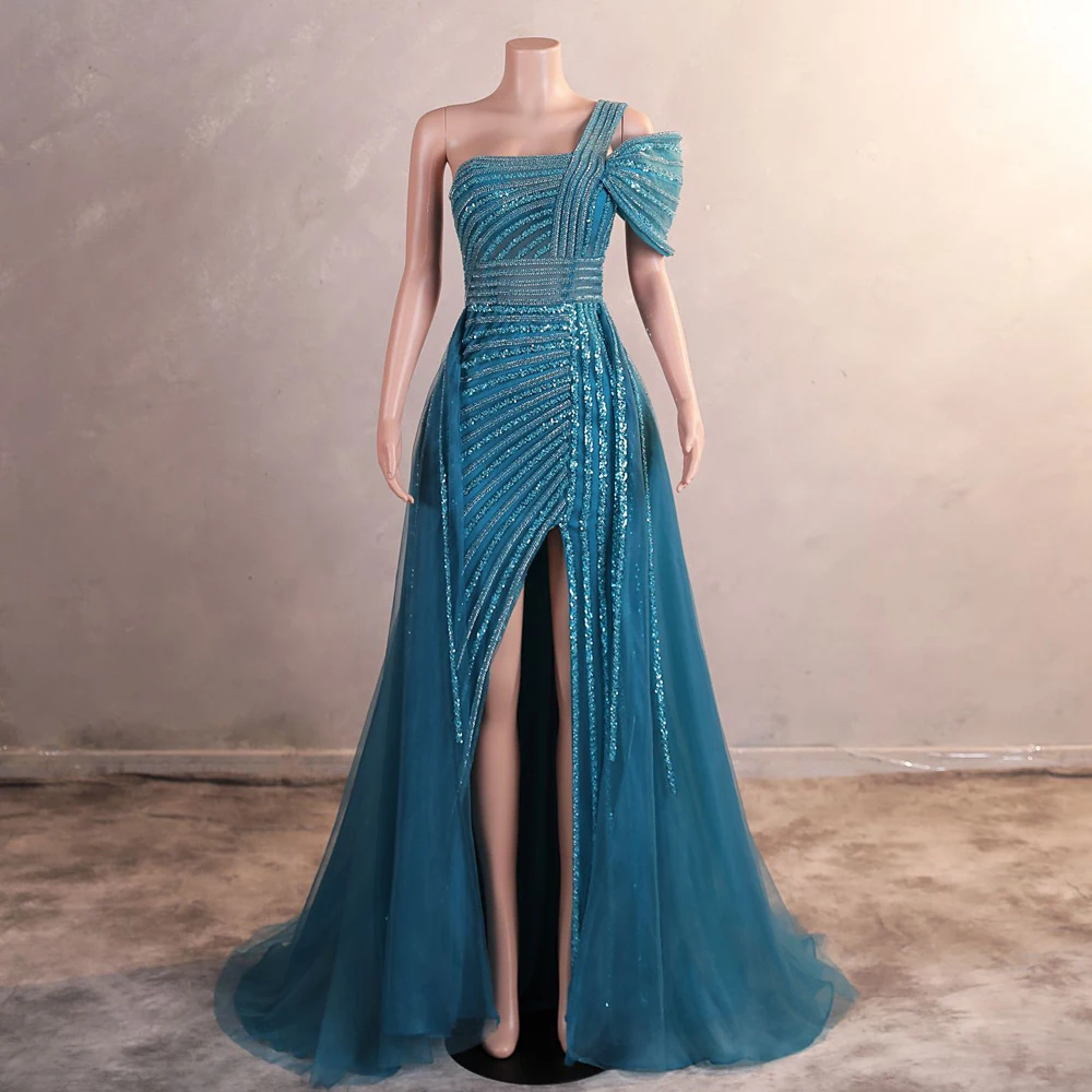 

Sparkly Sequined Evening Dresses Blue Tulle One Shoulder Beading Sexy High Split Formal Party Prom Gowns A Line Robe De Soiree