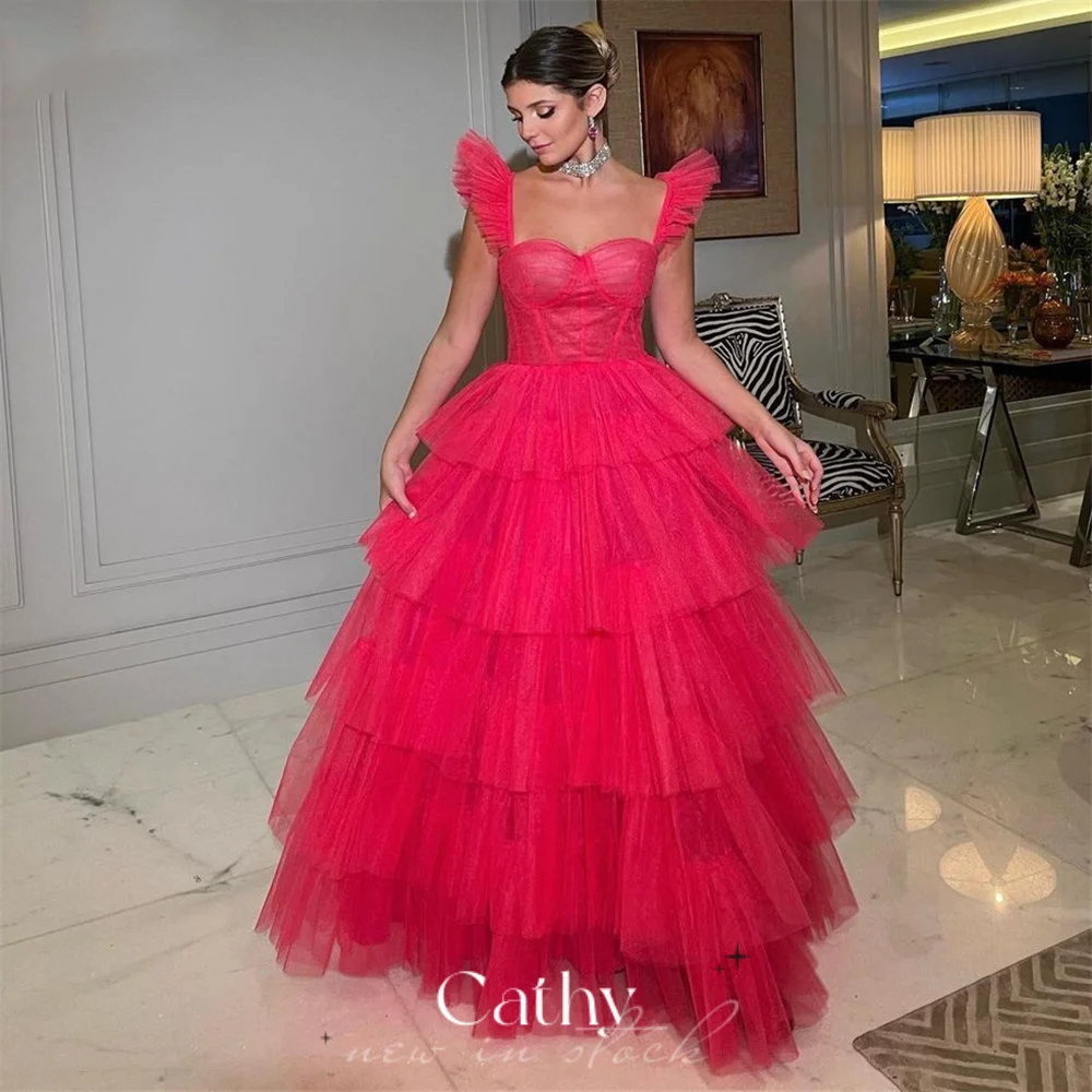 

Cathy Princess Pink Prom Dress Sweet Multi-layer Evening Dress Sweetheart Floor Lengths فستان سهرة Short Sleeve Party Dresses