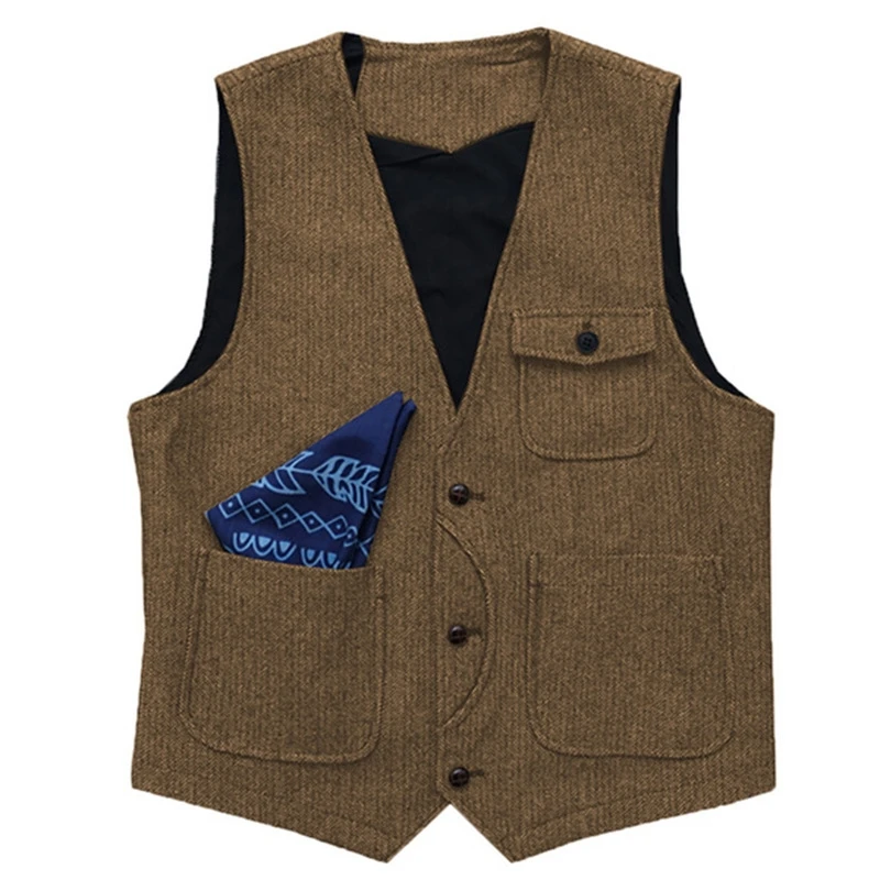 

Herringbone Brown Men Vest Suit V Neck For Wedding Groom Business Formal Banquet Suit Men Waistcoat