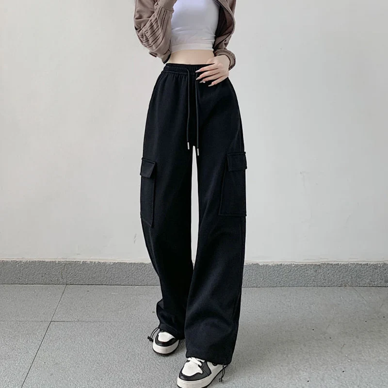 thumbnail image 1 of Pantalones cargo rosas de moda coreana Rimocy para mujer, pantalones deportivos holgados con cintura elástica de color sólido, pantalones casuales sueltos de pierna ancha para mujer, 1 of 5