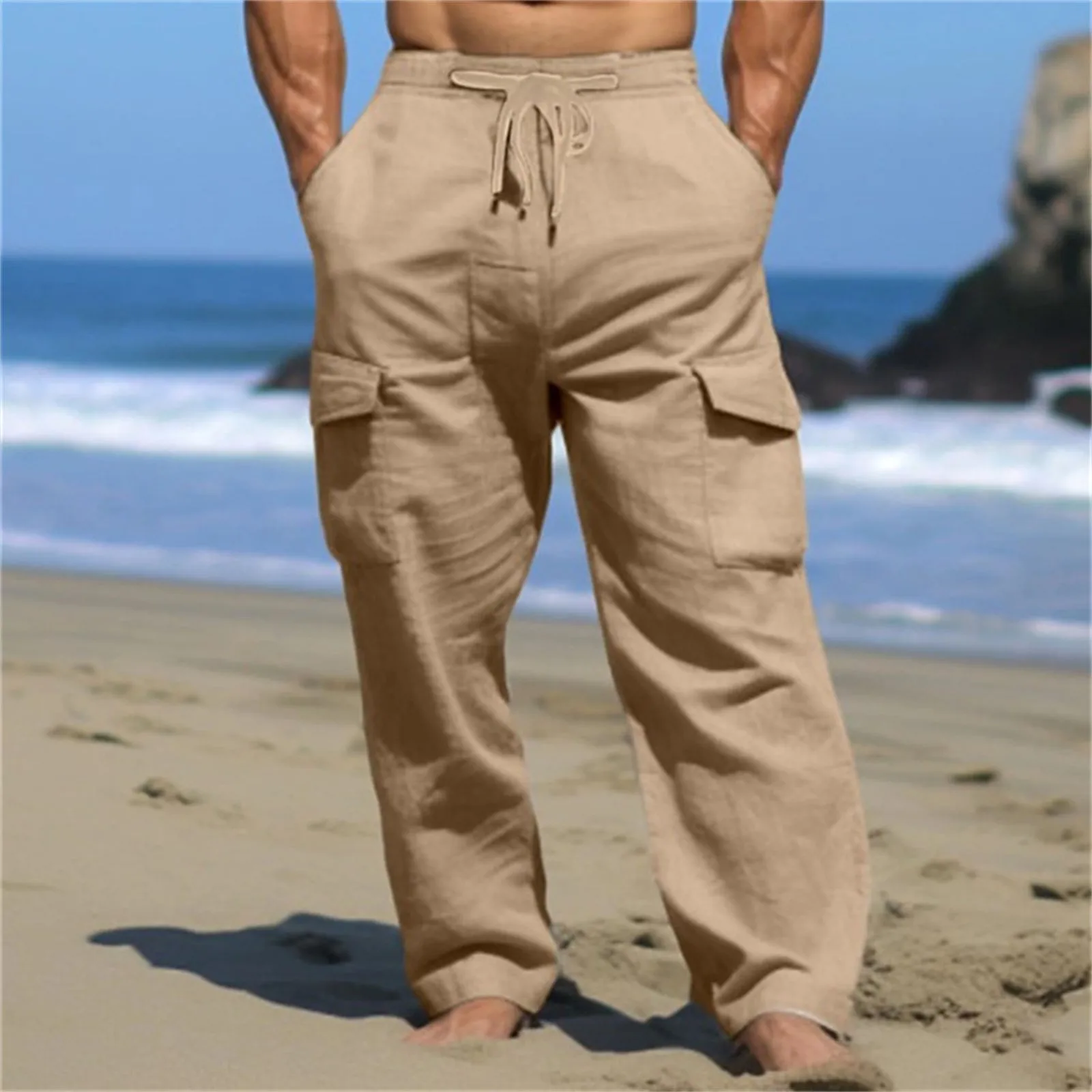 

Брюки-карго мужские однотонные, льняные прямые штаны-трубы с несколькими карманами, удобные дышащие уличные, однотонные