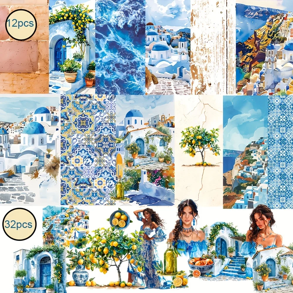 44pcs Background Paper and Sticker set Mediterranean Summer Vibe Suitble for Themed Party Flag DIY, Bottle, Junk Journal