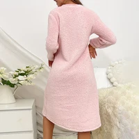 Super-Soft Flannel Nightgown Pink Heart Embroidery Long-Sleeve Round Neck Dress Comfortable Fit Warm Women's Homewear Loungewear - Image 2