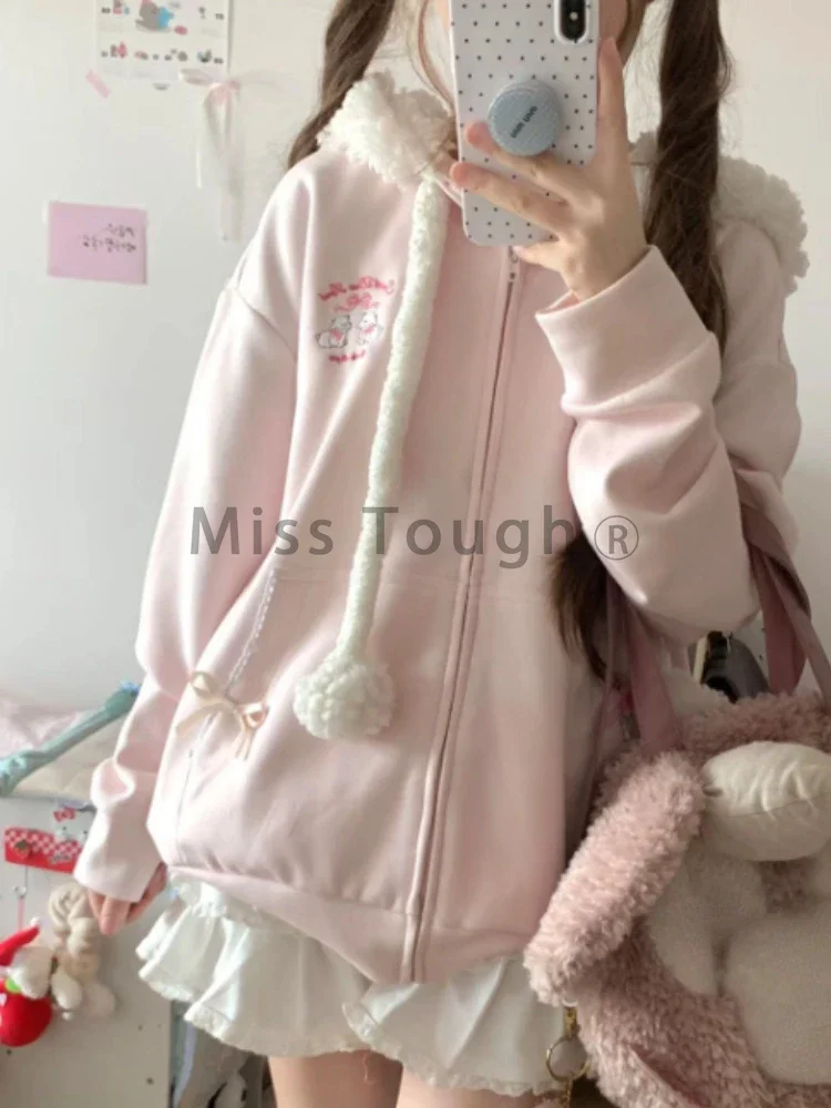 Autumn Kawaii Sweet Long Sleeve Loose Coat Women Japanese Cute Zipper Embroidery Hoodie Female Casual Chic Solid Lovely Overcoat 4