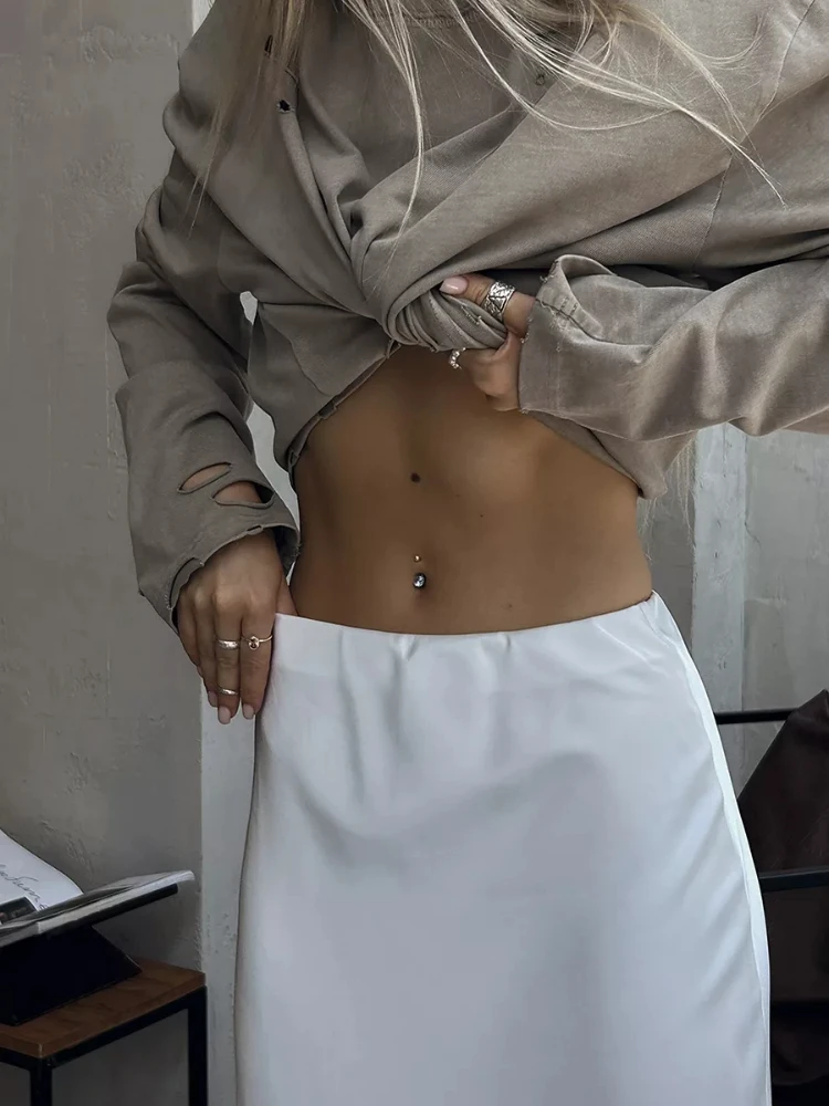 DEEPTOWN Satin Long White Skirt Women Summer Vintage Streetwear High Waist Rufflues Sexy Slim Mermaid Midi Skirt Casual Femael