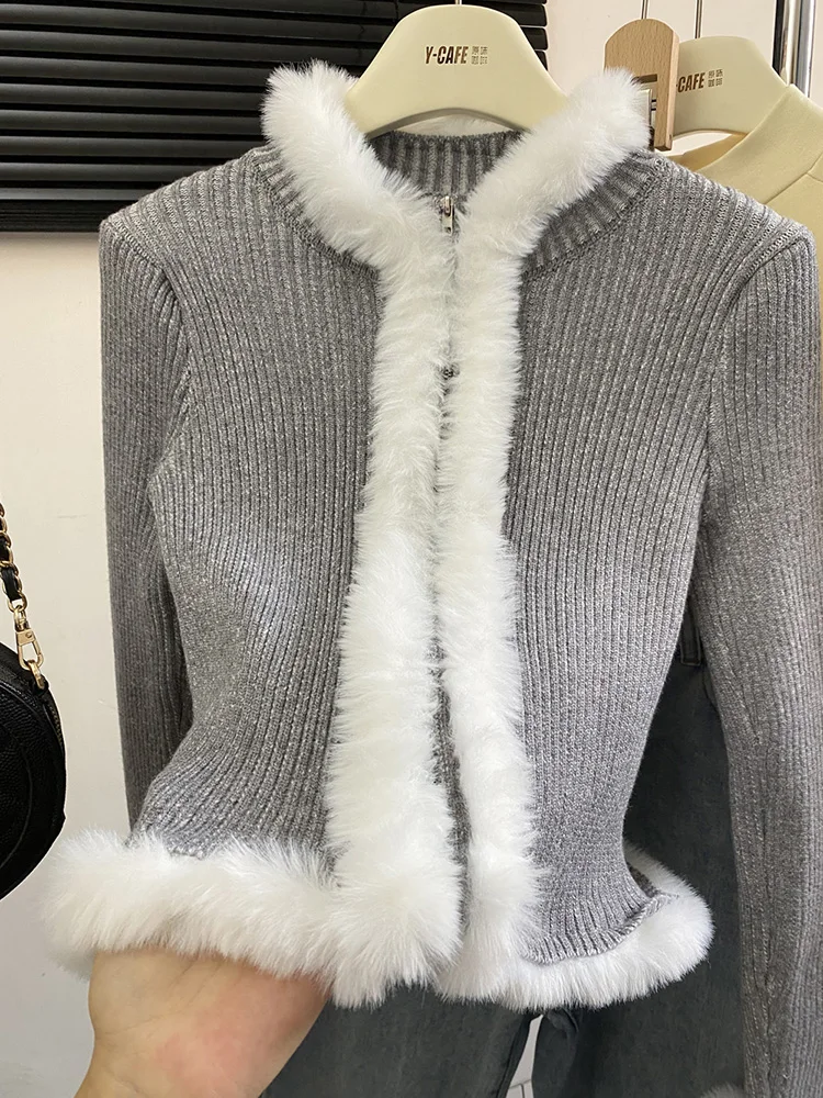 

Женский облегающий кардиган, винтажный пикантный меховой свитер с длинным рукавом, корейский стиль, Осень-зима
