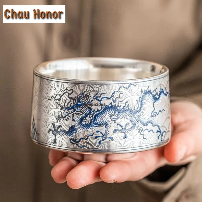 120ml High End Silver Plated Ceramic Teacup Blue and White Dragon Pattern Master Cup Chinese Jianzhan Kung Fu Tea Utensil Gifts