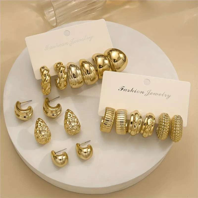 6/18pcs Retro Elegant CCB Stud Earring for Women Exaggerated Teardrop Creative Irregular Triangle Date Holiday Wear Ear Jewelry