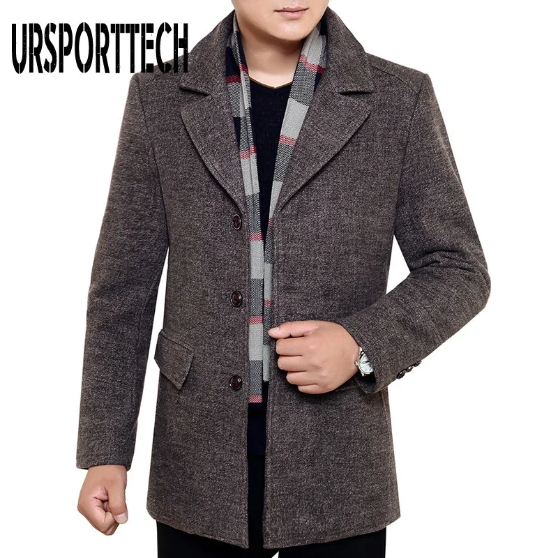 Winter Men's Wool Coat 2024 New Fashion Middle Long Scarf Collar Cotton-padded Thick Warm Woolen Coat Male Trench Coat Overcoat