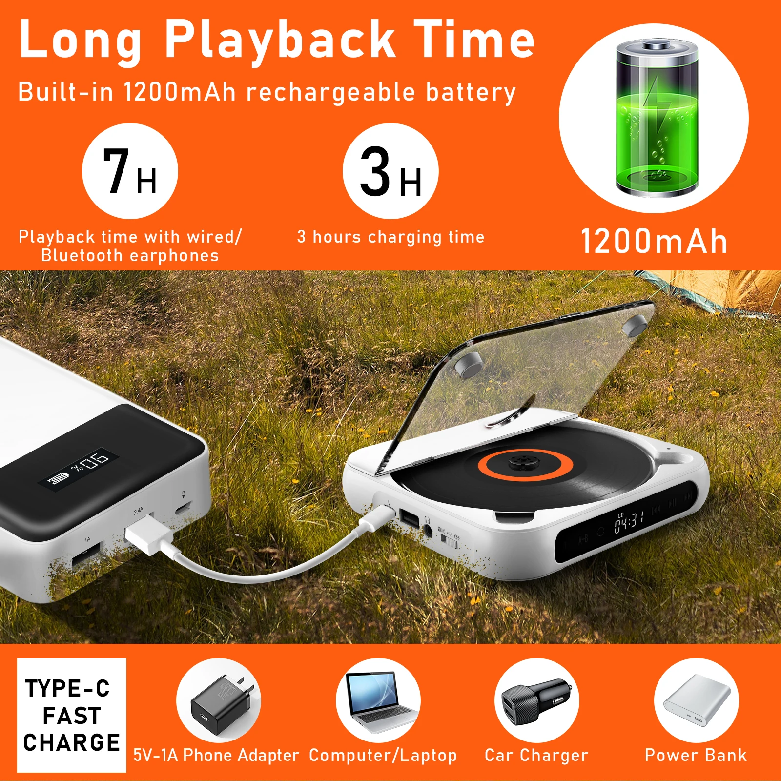 KC918 CD Player - Portable Bluetooth Speaker, LED Screen, Stereo Player, HIFI Sound Quali, Built in 2000mAH Rechargeable Battery 2