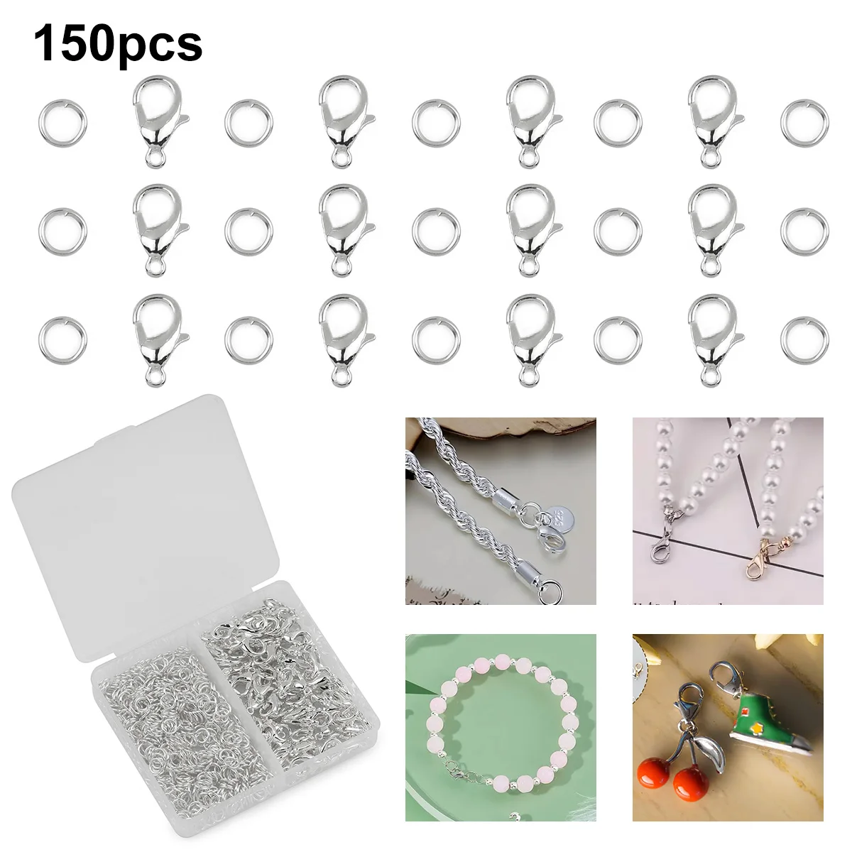 150pcs/box Silver Lobster Clasps And Open Rings Bracelets Necklaces Connector DIY Jewelry Making Accessories Supplies Kit