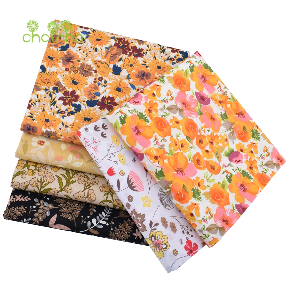 Chainho,Printed Plain Weave Poplin Cotton Fabric,Patchwork Cloth,DIY Quilting Sewing Material,Floral Series,3Sizes,15PC25