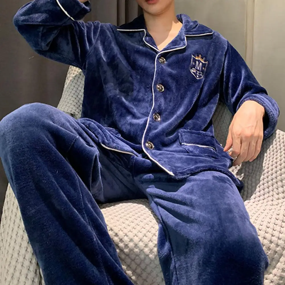 Men Winter Pajamas Set Lapel Thicken Plush Warm Flannel Pajama Set Warm Flannel Two-piece Homewear Men Pajamas Home Loungewear