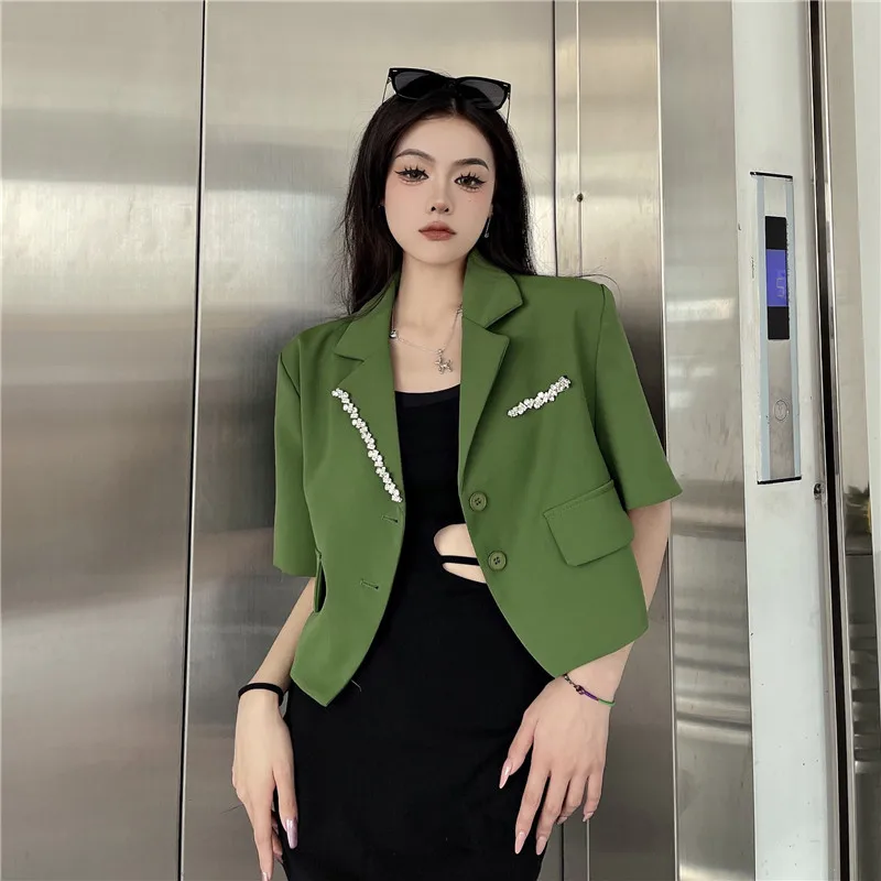 

Real Shot! Design Sense Handmade Rhinestone Short Summer Jacket for Women, Short Sleeve Suit Cardigan Female Office Lady Top New
