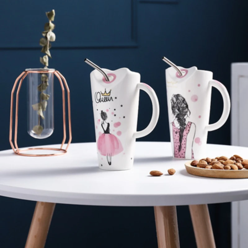 US $11.96 35％ Off, Cute Girl Ceramic Cup 450ml Porcelain Coffee Mug with  Straw Women Home Milk Tea Juice Cups Birthday Gift