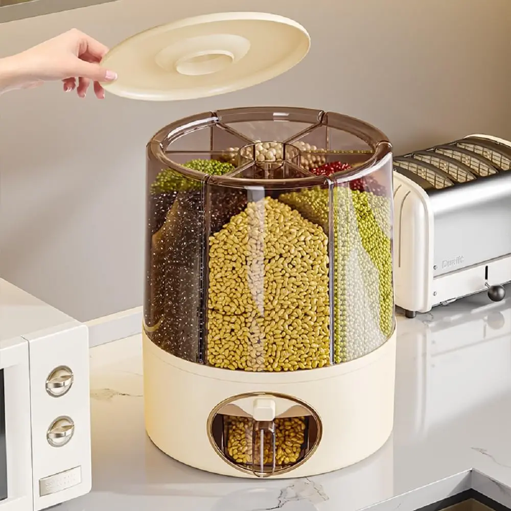 Rice Grain Storage Container Household 360&deg; Rotating Grain Dispenser Insect-proof and Moisture-proof 6-cell Food Sealed Bucket
