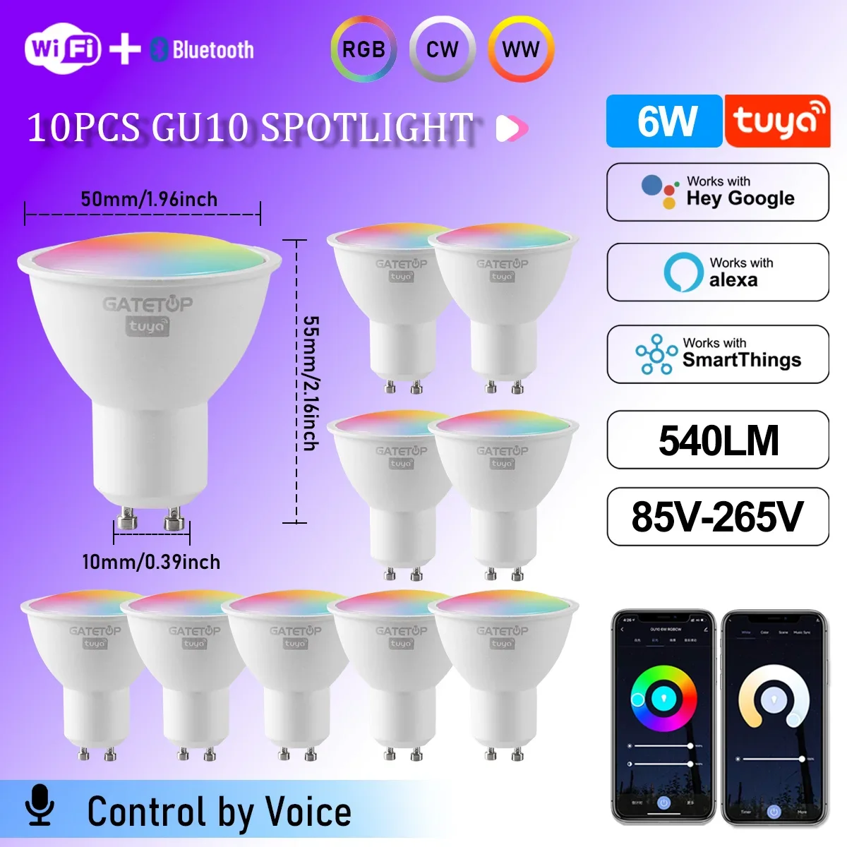 ตัวเลือกสินค้า หลอดไฟ LED สมาร์ท GU10 ควบคุมผ่านแอป ปรับความสว่างได้ 1-100%