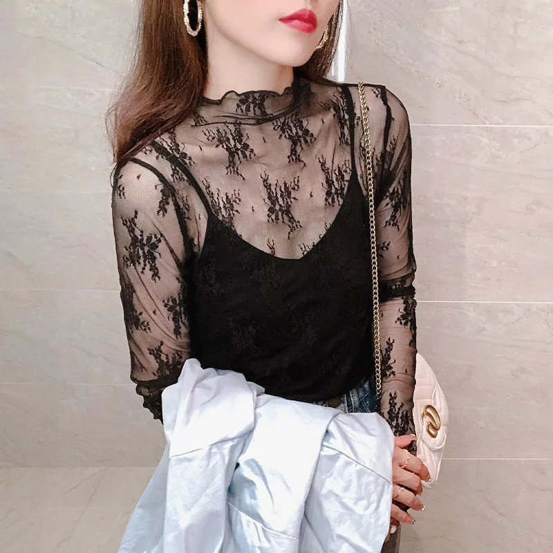 Women Half High Collar Net Screen Sun Proof T-shirt Lace Ear Edge247_voghion.com
