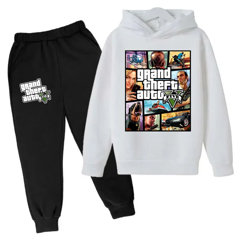 thumbnail image 1 of Sudadera con capucha y pantalones para niños de Grand Theft Auto V GTA 5, conjunto de 2 piezas, ropa de dibujos animados para niños pequeños, trajes para niños y niñas, 1 of 5